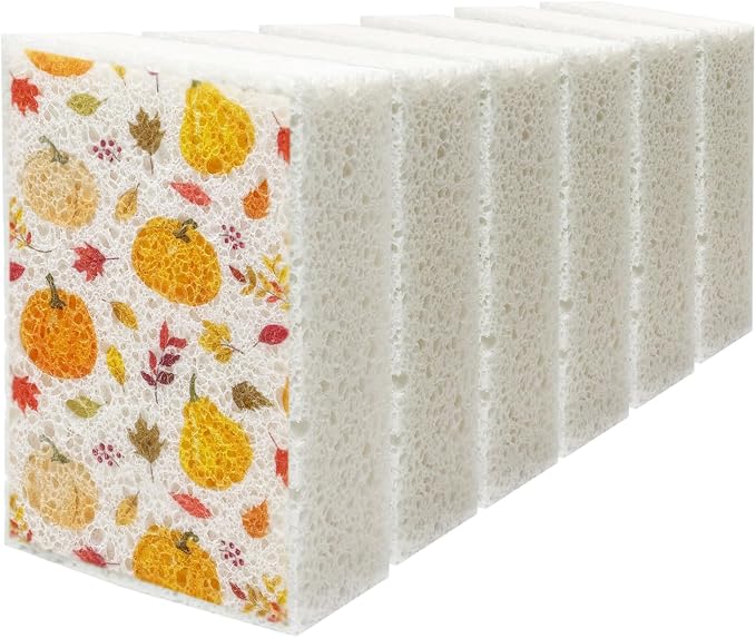Scratch Scrub Sponge, 6 - Pack Kitchen Sponges for Cleaning Around the Home, Bathroom & More, Large Size Scratch-Free Dish Scrubber, Best for Nonstick Pots and Pans (4" x 6" x 1", Pumpkin)