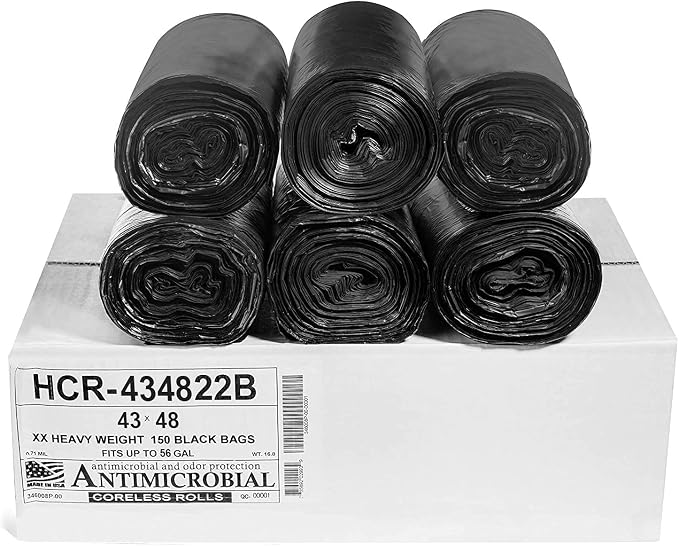 Aluf Plastics 56 Gal Black Trash Bags, 22 Micron (EQ.), 43" x 48" (150 Pk)