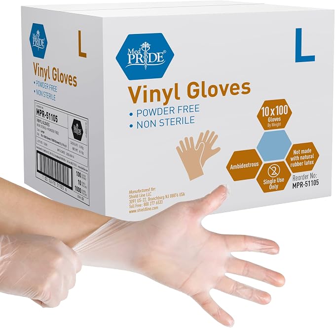 Med PRIDE Vinyl Gloves| 4.3 mil Thick, Powder-Free, Non-Sterile, Heavy Duty Disposable Gloves| Medical, Food Hand