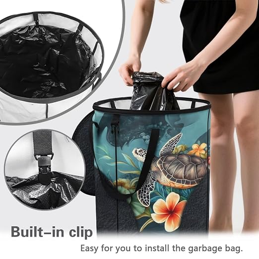 BIGCARJOB Flower Turtle Outdoor Trash Can Storage Collapsible Pop-up Recycle Trash Can 22.83x17.71 Waterproof Garbage Bin Bag with Lid and Clip