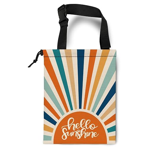 Boho Colorful Sunshine Car Trash Bag Hanging for Back Seat | Mid Century Modern Sun Canvas Drawstring Car Garbage Bag with Adjustable Buckle Vehicle Trash Can