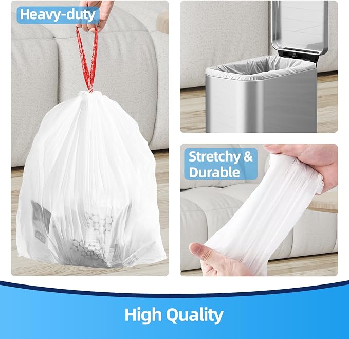 KUK 1.6 Gallon Drawstring Trash Bags - 60 Count White Small Garbage Bags, Unscented Strong Plastic Waste Basket Liners for Home/Office/Car, Fits 4.5-8 Liter Bins, 6 Rolls with Tear-Free Design