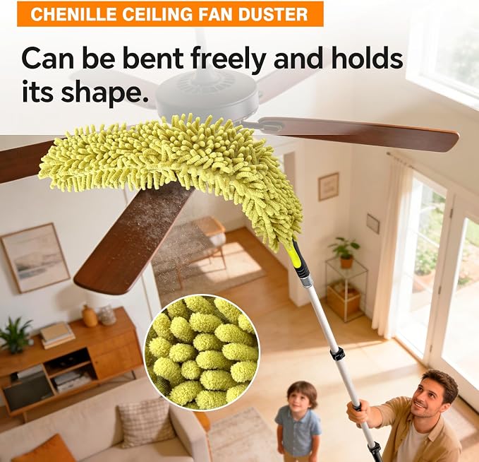 5-in-1 4-12Ft 4-Stage Telescoping Extension Pole Kit for Cleaning | Feather Dusters with Bristles for Outdoor Indoor, 4-Stage Spider Web Remover with Telescopic Pole for Ceiling Wall Yellow