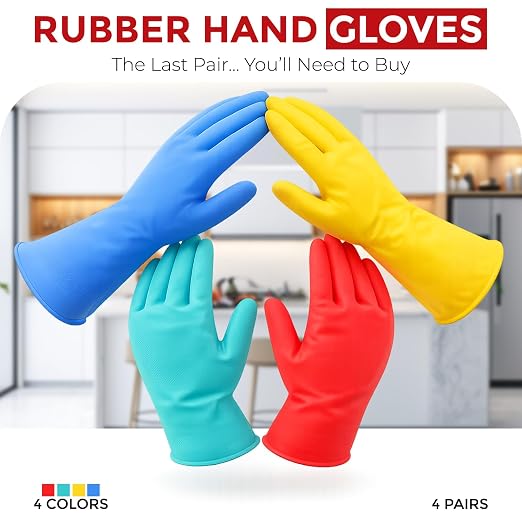 LADWA 4 Pairs Non-Slip Household Cleaning Reusable Dishwashing Gloves for Kitchen Washing Dishes Bathroom Gardening & Home Tasks Flexible Long-lasting & Waterproof Gloves Perfect for Woman Men (Multi)