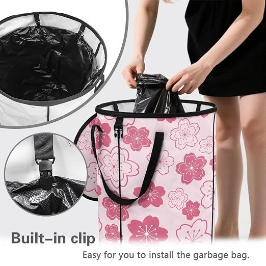BIGCARJOB Cherry Blossoms Print Portable Trash Can Large Folding Big Trash Can with Lid Storage Bag Pop Up Trash Cans for Parties, 22.83x17.71 in