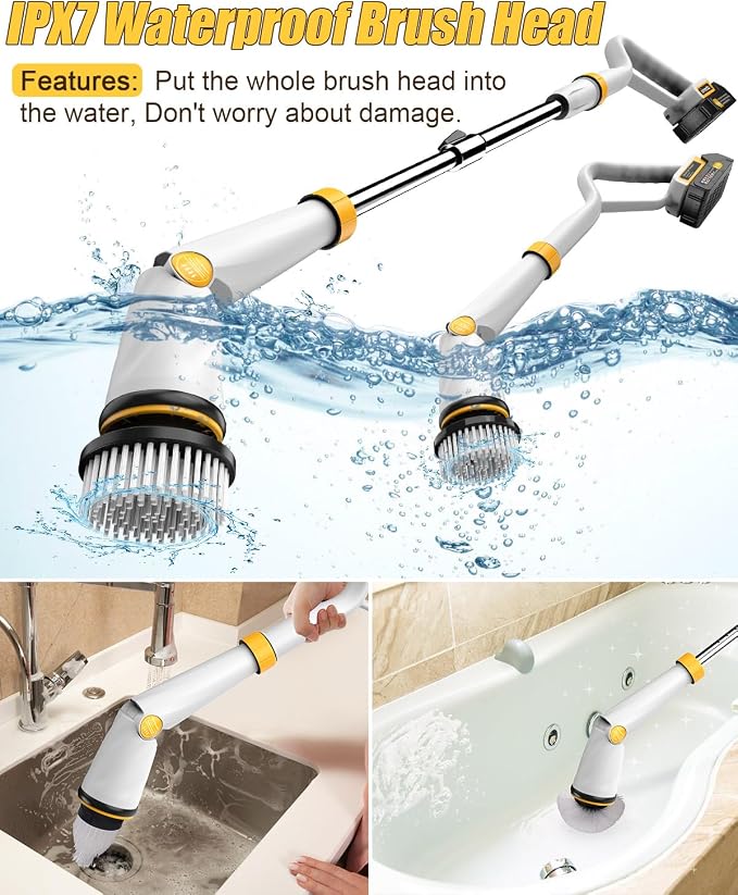 Qimedo Electric Spin Scrubber Q2, 4000mAh Battery, 1500RPM High Power | Floor Scrubber Machine with Long Handle, Cordless Cleaning Brush, 8 Brush Heads and Smart Display for Showers, Tubs and Tile