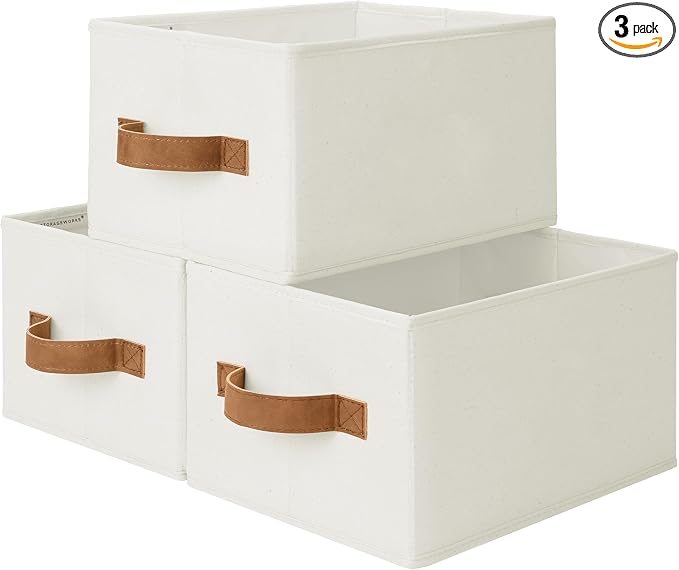 StorageWorks Closet Storage Bins with PU Handles, Ivory White, Small | Closet Organizer Storage Baskets for Shelves, Fabric Organization and Storage, Foldable Closet Organizer for Clothes