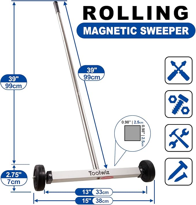 Toolwiz 15" Rolling Magnetic Sweeper with Telescopic Magnetic Pick Up Tool | 10lbs Capacity Sweeper, 16lb Magnetic Pick Up Tool, Lightweight with Wheels, For Nails, Screws & Metal Debris