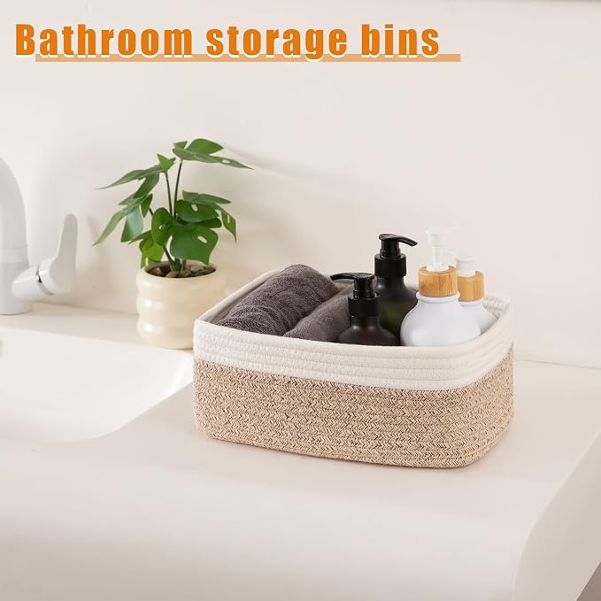 OIAHOMY 4 Pack Storage Baskets for Organizing, Small Bins for Shelves, Cute Decorative Storage Bins, Organizer Baskets for Gifts Empty, 11.8''Lx7.8''Wx4.7''H, Brown/White