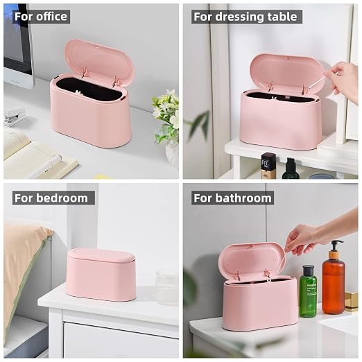 SUBEKYU Mini Trash Can with Lid,Small Desktop Trash Can,Pink 0.5 Gal | Countertop Mini Garbage Cans,Small Garbage Can for Office, Tiny Wastebasket for Desktop