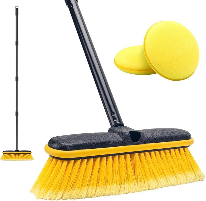 Car Wash Brush with Long Handle, 55'' Vehicles Exterior Washing Supplies, Soft Bristle Scrub Broom for Solar Panel, Boat, RV, Truck, Deck Cleaning, 2 Wax Applicator Pads Included