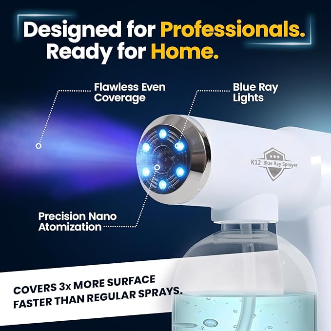 Nano Spray Gun, Cordless Atomizer Sprayer and Fogger Applicator, White | Sanitizer Mister with Blue Light, 320ml Tank for Disinfectant Liquids, 3 Meter Reach, USB-C Rechargeable, 1 Year Warranty