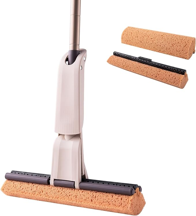 Eyliden Sponge Mop with 2 Reusable Heads, Self-Wringing Floor Absorbent Mop | 13" Honeycomb Sponge, Quick Wring, Home Commercial Use, Kitchen Bathroom Hardwood Laminate Tile Marble Floors Cleaning