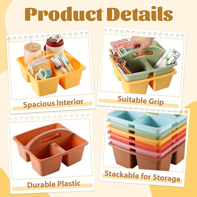 6 Pack Plastic Classroom Organizer Caddy with Handle, Boho | 3 Compartment, Portable Supply Storage Caddy, Craft Art Caddies for Pencil, Crayon, Marker, Home, Office, School Supplies