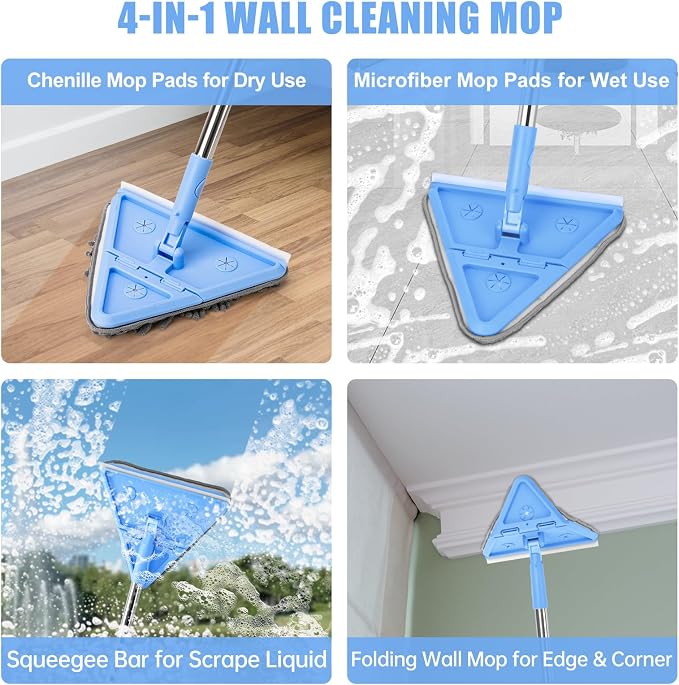 CALBEAU Baseboard Cleaner Tool with Handle, Wall Mop with Squeegee, 8 Pads | 86" Extension Pole, Swivel & Foldable Head, 8 Reusable Pads for Baseboard, Wall, Ceiling, Window, Floor, Light Blue