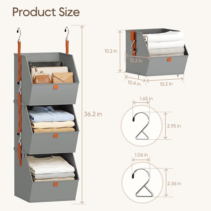 Collapsible Hanging Closet Organizer - 3 Tier Closet Shelves Storage System with Hooks, Fabric Hanging Storage Bins for Clothes, Foldable Storage Basket for Laundry, Bedroom, Rv, Grey