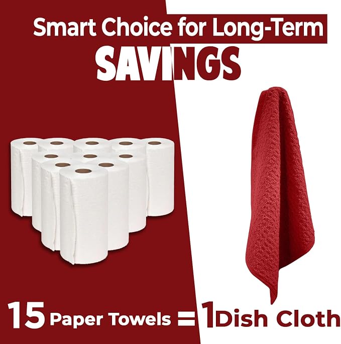 DAN RIVER Premium Dish Cloth 100% Cotton 12X12 Inches |Pack of 8|-Red | Terry Kitchen Towels Ultra Soft Tea Towels-Highly Absorbent Kitchen Rags-Terry Dishcloth for Kitchen and Household Cleaning