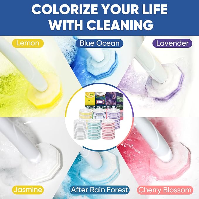 30Ct Aromative Toilet Brush Refills, Double-Layer Cleaning Pads Added, Compatible with Most Toilet Brushes，6 Scents（Patented）