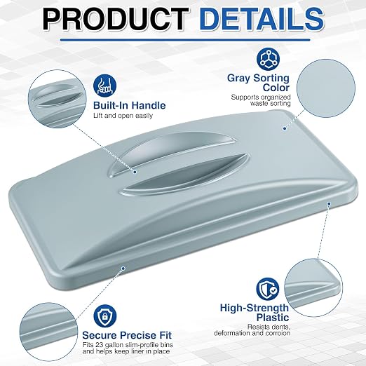 Maxdot 2 Pcs Recycle Bin Lids with Handle, Dark Gray | for 23 Gallon Slim Trash Can, Plastic, Garbage Waste Sorting Lid, for Kitchen Classroom Office Outdoor
