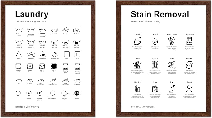 Poster Master 2-Piece Essential Guide for Laundry Print - Stain Removal Poster - Infographic Art - Black & White Design - Symbols & Instructions Art - Laundry Room Decor - 8x10 Brown Framed