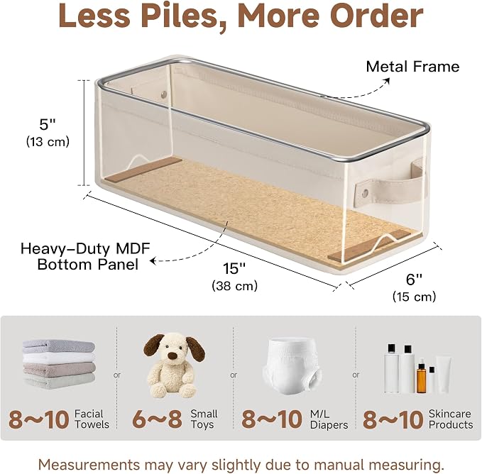 StorageWorks Narrow Storage Bins, Toilet Paper Storage, Beige, 2-Pack | Cottlyn Fabric, With Metal Frame, Sturdy Structure, Reinforced PU Handles, Small Baskets for Bathroom, Closet, Shelf