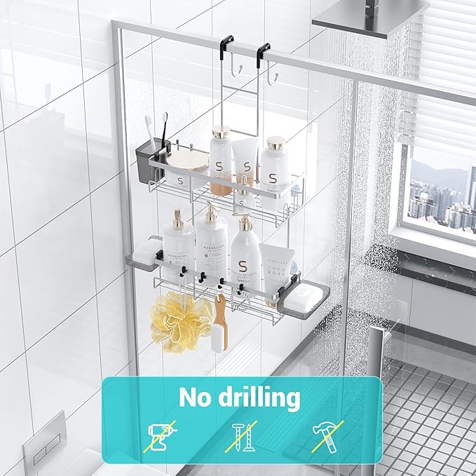 Aitatty Over the Door Hanging Shower Caddy: No Drill Rustproof Shower Rack | Includes Hooks & Soap Holders for Shampoo, Conditioner and Bathroom Essentials, Anti-Slip Design for Any Shower Room
