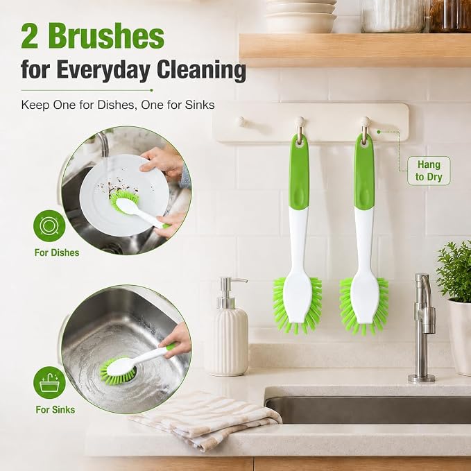 2-Pack Dish Brush with Long Handle | Dish Scrubber with Stiff Bristles for Kitchen, Sink, Pots, Pans