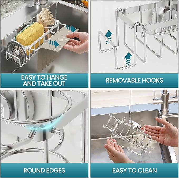 TAILI 4-in-1 Sink Sponge Holder for Kitchen with Strong Suction Cup-Silver | Removable Sink Caddy with Suction Cup, Rustproof 304 Stainless Steel Multi-compartment Sink Organizer for Sponge, Brushes