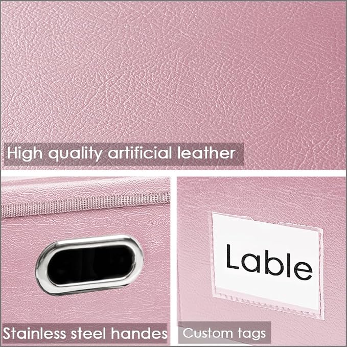 Collapsible Storage Box with Lid [3-Pack] Leather Fabric Foldable Storage Bin Organizer Container Basket Cube with Cover for Home Bedroom Closet Office Nursery Pink(22.8X15.7X11.8)