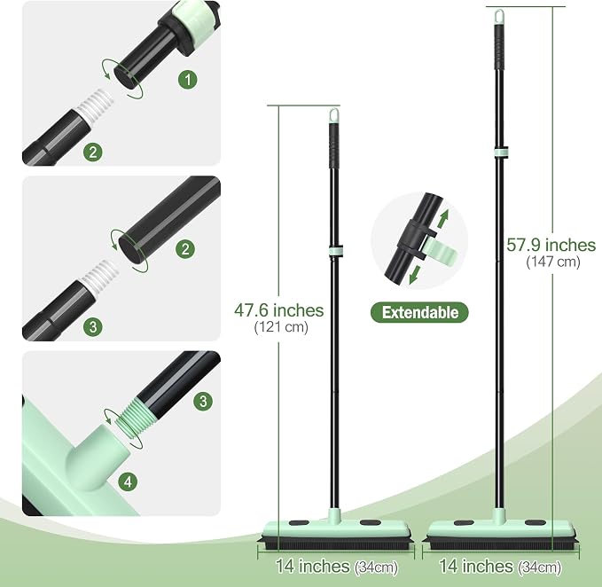 Upgraded Rubber Broom Pet Hair Remover with Squeegee 57.9'' Carpet Rake Fur Sweeper Small Detailing Lint Brush to Fluff Carpet Rug Tile Hardwood Floor