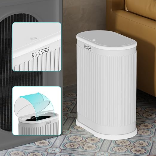 KSSKSS 1.8 Gallons Small White Bathroom Trash Can with Lid, Slim Bathroom Garbage Bin, Removable Liner Bucket, Dog Proof Trash Can with Pop-Up Lid for Bedroom,Toilet