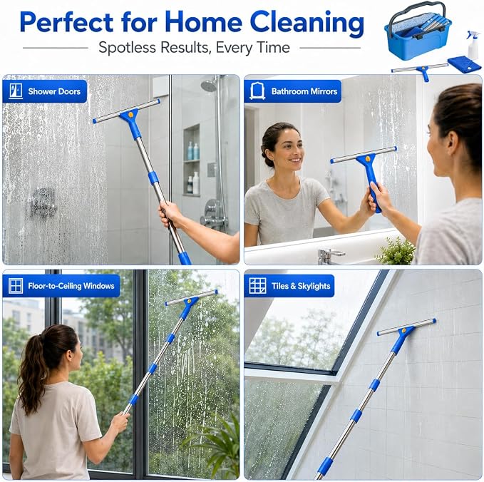 76“Professional Squeegee Window Cleaning Kit with Extension Pole | Streak-Free Silicone Blade,Smooth,Quiet Glide,Telescopic Handle for High & Hard-to-Reach Windows