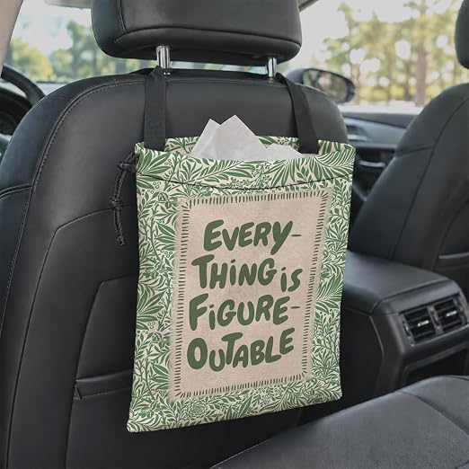 Green Botanical Inspirational Car Garbage Bag Canvas Trash Can | Everything Is Figureoutable Drawstring Car Trash Bag Hanging for Back Seat with Adjustable Buckle