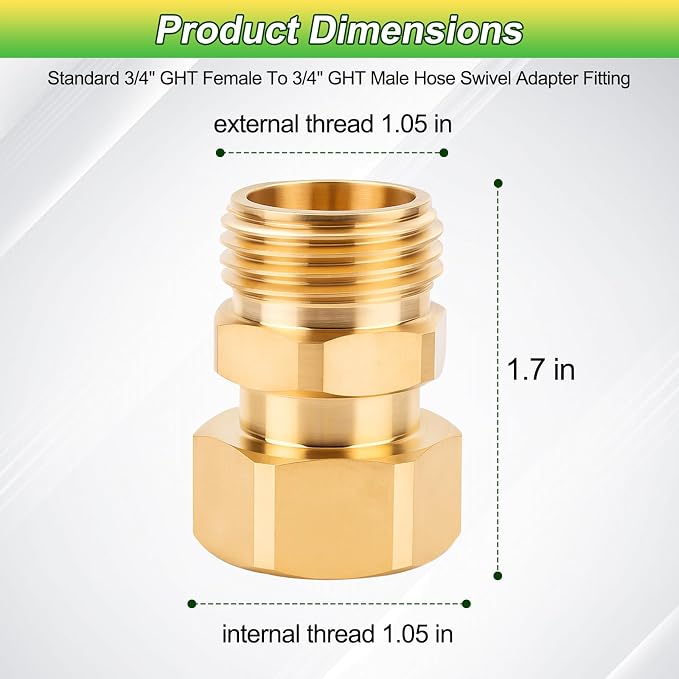 3/4 Garden Hose Swivel Connector 360° Female to Male Hose Adapter Brass | Garden Hose Swivel Adapter 3/4 Inch For Hose Nozzle Swivel Connector Fitting with Washer and PTFE Tape - 2 Pack