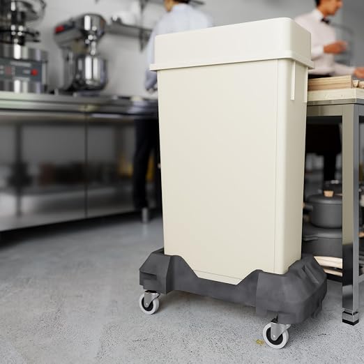 23 Gallon Beige Rectangular Slim Trash Can with Drop Shot Lid and Dolly | Great for Home, Commercial, or Restaurant Use.