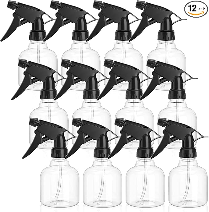 Bekith 12 Pack 8 Oz Empty Plastic Spray Bottle with Black Trigger Sprayers - Adjustable Head Sprayer from Fine to Stream - Refillable Sprayer for Water, Kitchen, Bath, Beauty, Hair, and Cleaning