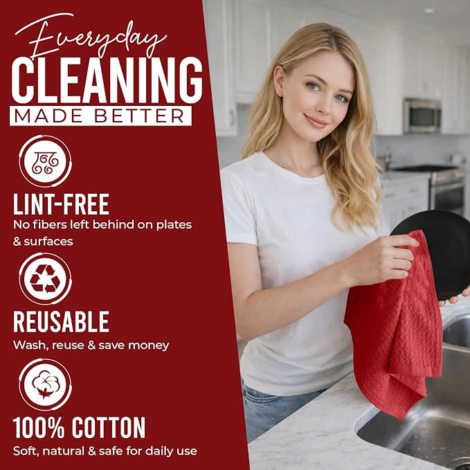 DAN RIVER Premium Dish Cloth 100% Cotton 12X12 Inches |Pack of 8|-Red | Terry Kitchen Towels Ultra Soft Tea Towels-Highly Absorbent Kitchen Rags-Terry Dishcloth for Kitchen and Household Cleaning