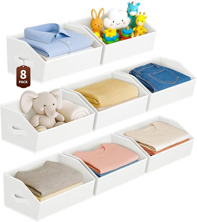 Large Closet Organizers and Storage Bins - 8 Pack Trapezoid Storage Baskets for Shelves, Foldable Fabric Baskets with Handles Ideal for Closet, Basket, Wardrobe and Shelf Storage, White