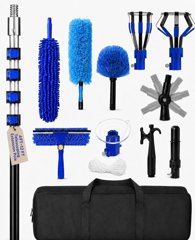 20 FT Ceiling Fan Cleaner Dusters with Telescoping Extension Pole | Extendable Duster for High Ceiling, Light Bulb Changer, Window Squeegee Washing Kit, Cobweb Brush Duster