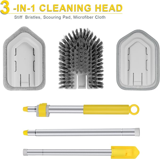 Lalafancy Baseboard Cleaner Tool with Handle 3 Reusable Cleaning Brush Pads | 52" Shower Wall Cleaner Scrubber Baseboard Duster for Bathroom Wall Floor Skirting Bathtub Window Scrubbing