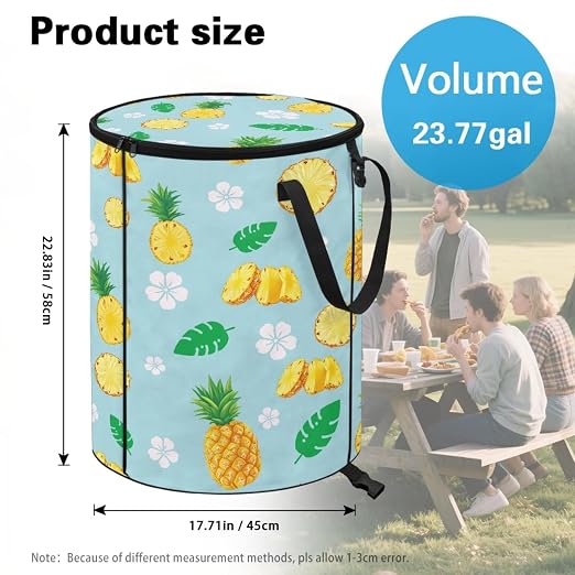 BIGCARJOB Pineapple Collapsible Trash Can Portable Tall Trash Can Holder Oval Recycling Bin 22.83x17.71 Outside Garbage Bin Bag with Clip and Zipper Lid
