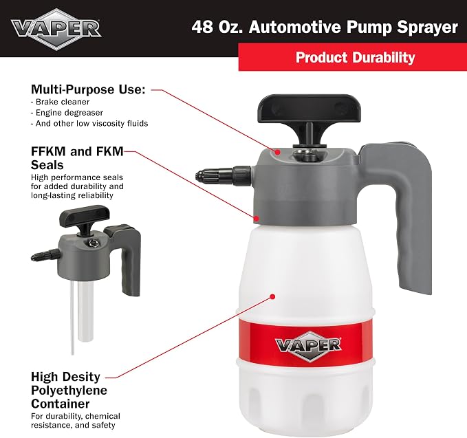 Vaper 19495 48oz Automotive Pump Sprayer, Pressurized Sprayer with Durable, High-Density Polyethylene Construction, Adjustable Nozzle for Multiple Spray Patterns