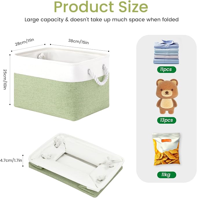 15x11x10 In Foldable Fabric Large Storage Bins with Handle 3 Pack | Organizer Baskets, Sturdy Metal Strand, Cardboard Support Molding, Storage Baskets for Shelves, Closet, Bedroom, White/Green