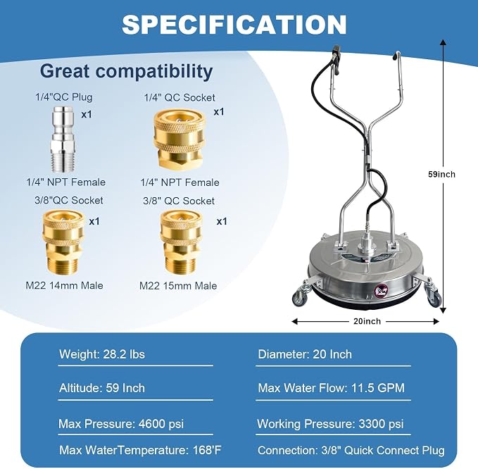 20-Inch Pressure Washer Surface Cleaner, Stainless Steel 4600 PSI Commercial Grade Power Washer Attachment with 4 Wheels, Heavy Duty Concrete Cleaner for Driveways, Patios, Sidewalks