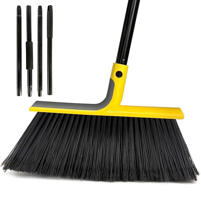 Large Angle Brooms Indoor Outdoor Broom with Long Handle Stiff Bristle Sweeper for Kitchen Garage Deck Courtyard Lobby Patio Lawn Leaves (Yellow)