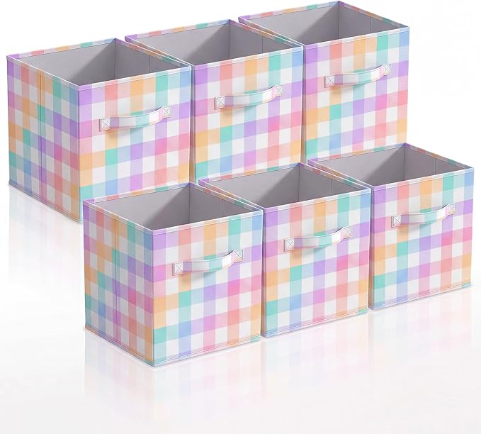 Chunful 6 Pcs 11 Inch Pastel Checked Fabric Storage Cube Bin Woven Foldable Gingham Storage Cube for Classroom Basket Bin Organizer with Handle Decor for Organizing Clothes, Toy, Book