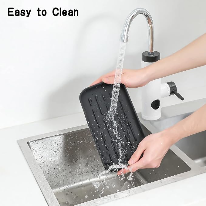 MicoYang Silicone Kitchen Sink Organizer Tray for Multiple Usage,Eco-Friendly Sponges Holder for Kitchen Bathroom Counter or Sink,Dish Soap Dispenser,Scrubber,Bottle,Cup (Black, 10"×5.3")