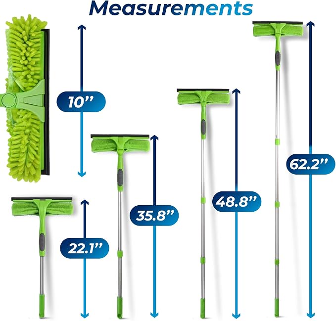 Professional Window Squeegee for Window Cleaning, 2 in 1 Rotatable Window Cleaning Squeegee Kit with Extension Pole, 62” Window Cleaning Tool for Indoor/Outdoor High Windows, Home, Car