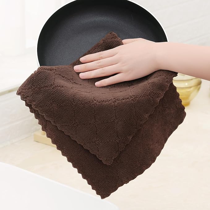 Homaxy 12 Pack Super Soft Absorbent Dish Towels, 10" x 20", Brown | Coral Velvet, Nonstick Oil Fast Drying Microfiber Cleaning Cloth, No Lint Dishcloths for washing and drying