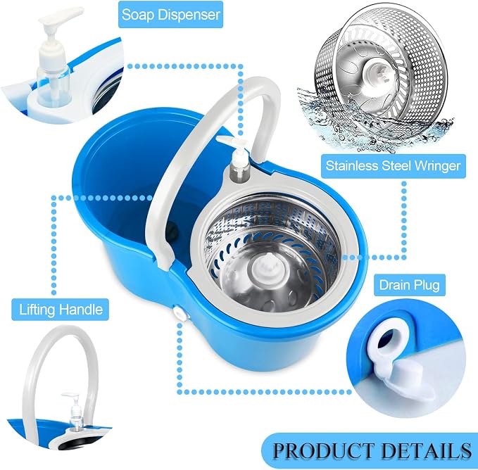 Spin Mop and Bucket System with Stainless Steel Wringer, 3 Mop Heads | Microfiber Spin Mop and Bucket System with Stainless Steel Wringer, 3 Mop Heads & 61" Telescoping Handle